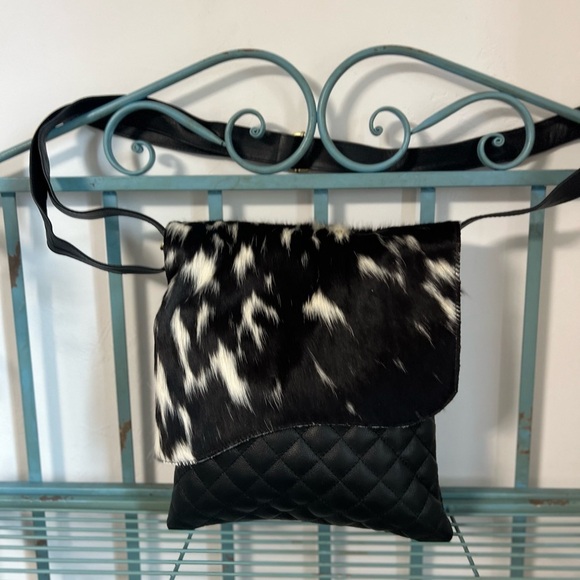New Genuine Cowhide & Quilted Leather Crossbody Flap Bag Western Festival Black - Picture 9 of 16